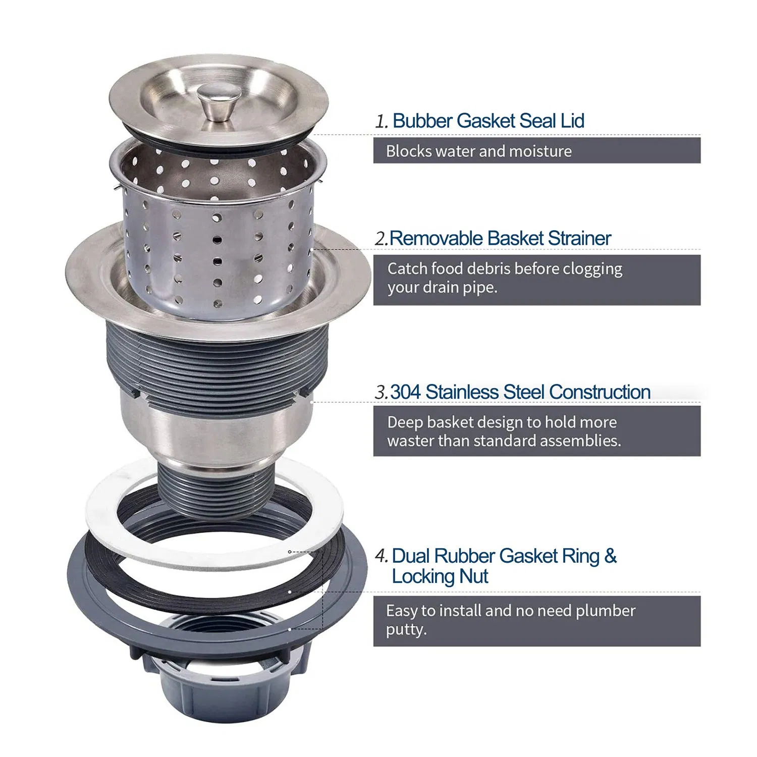 Aquacubic Kitchen Sink Drain Strainer, 3-1/2-Inch Sink Strainer Basket Assembly, Removable Deep Waste Basket with Stopper