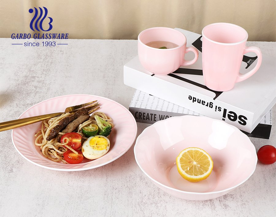 Wholesale Pink Spray Color Opal Glass Dinnerware Set Opal Glass Sets Mug Plates Bowl Set