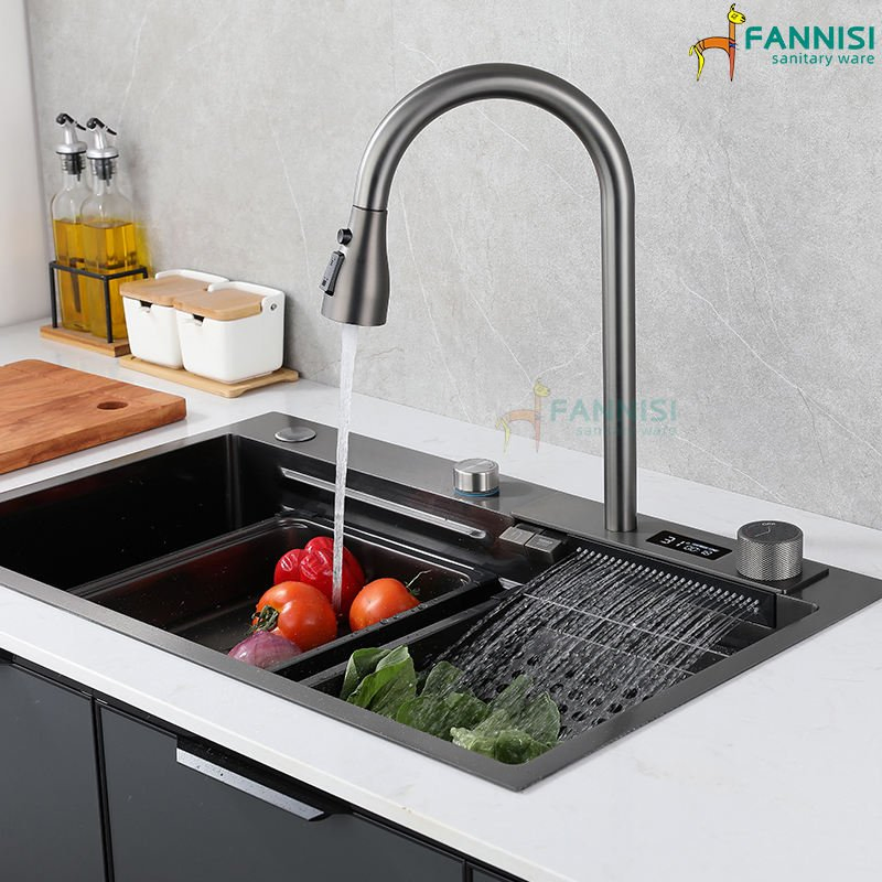 Single Bowl Black Steel Kitchen Sinks Waterfall Washbasin Kitchen Sink Handmade Stainless Steel Sink Kitchen Sink