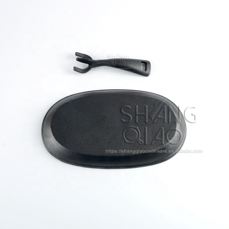 9.5*5.5 Inch Sizzling Plate Sizzler Pan Cast Iron Sizzle Platter with Wooden Base Set