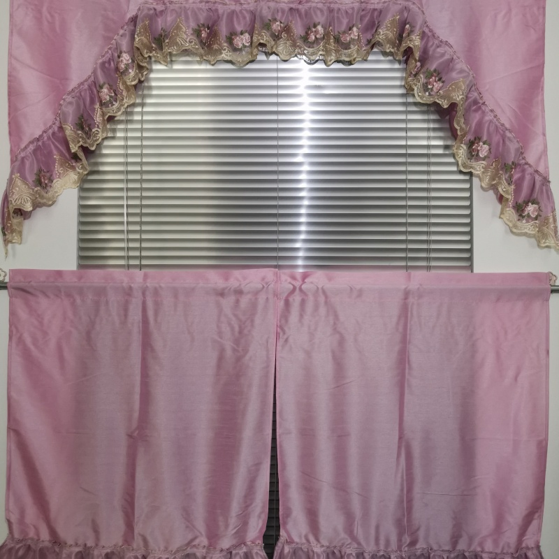 European Solid Color Polyester Luxury Kitchen Curtain with Lace Embroidery, for Kitchen Decoration