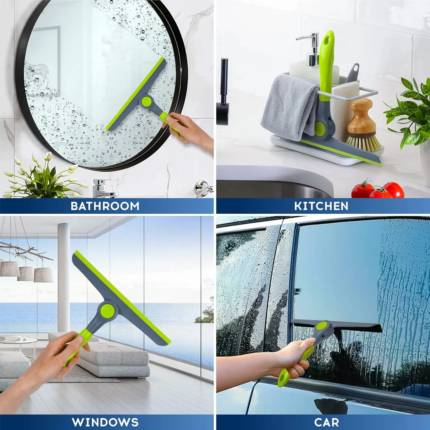 Green with Grey Squeegee for Glass Doors, Squeegee for Window Cleaning, All Purpose Window Cleaner Tool for Car Squeegee