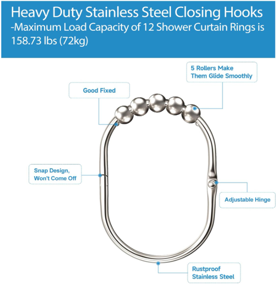 12PCS Wide Stainless Steel Shower Curtain Hooks Rings Heavy Duty Shower Hooks
