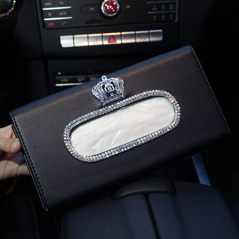 Fashion Crown Crystal Car Tissue Box Sun Visor Leather Auto Tissue Bag Sunvisor Hanging Holder Case Napkin for Car Accessories