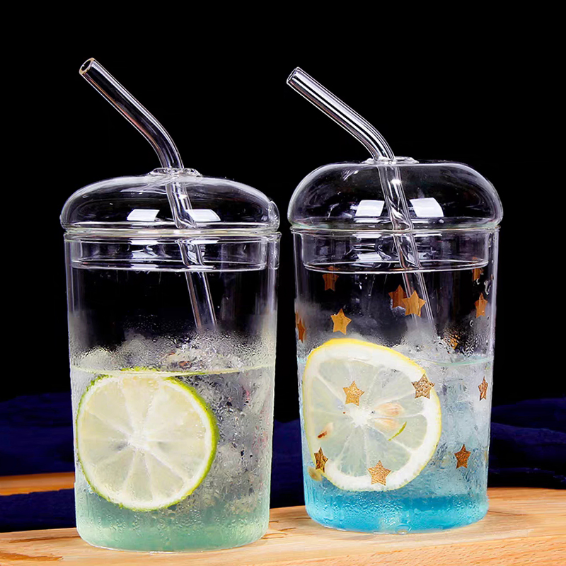 Handmade Borosilicate Single Wall Smart Mug with Glass Straw and Lid for Lemon Water Juice Tea Set