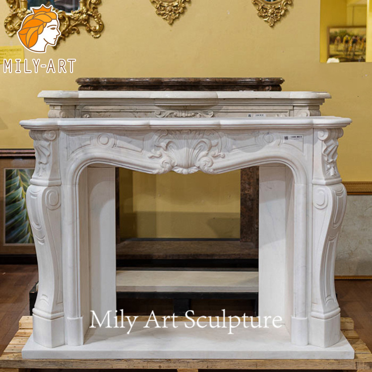 Traditional French Style Hand Carved Natural White Marble Fireplace Mantel
