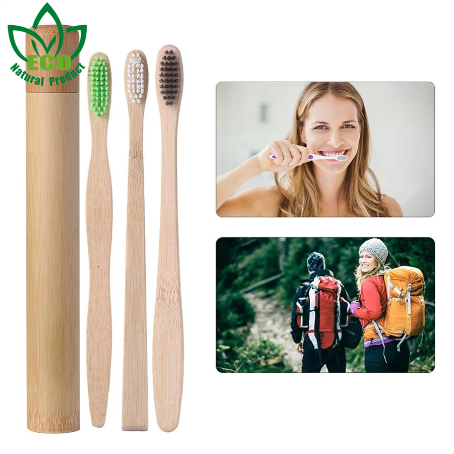 1PCS Safety Bamboo Handle Toothbrush and 1PCS Bamboo Tube Travel Case