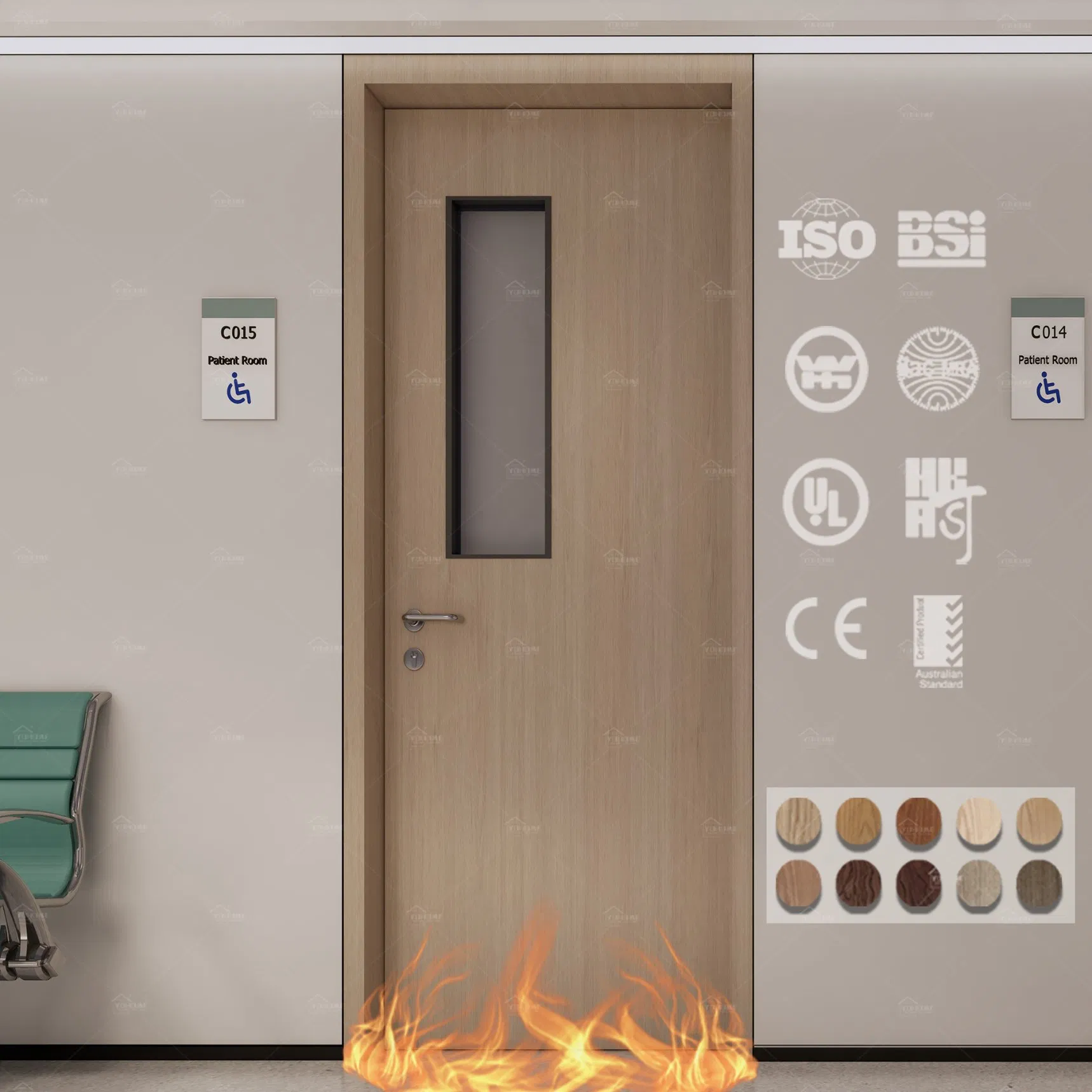 Foshan Fire Door Factory Custom Hospital Wood Fire Rated Doors as/CE/UL Fireproof Certified with Glass Hospital Room Fire Door