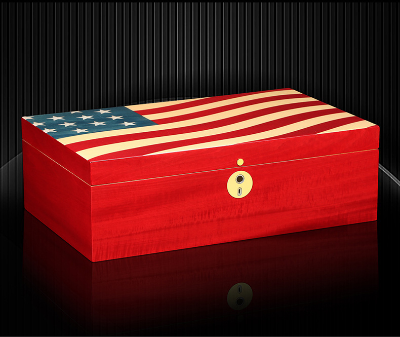 Personalized Painting Us National Flag Wooden Cigar Case with Hygrometer Humidifier and Divider