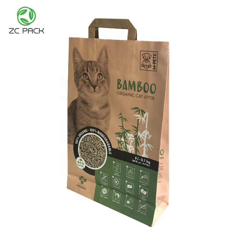 Reusable Food Grade Gift Garbage Shopping Paper Pouch Cat Litter Pet Food White Yellow Kraft Paper Handle Packaging Paper Bag