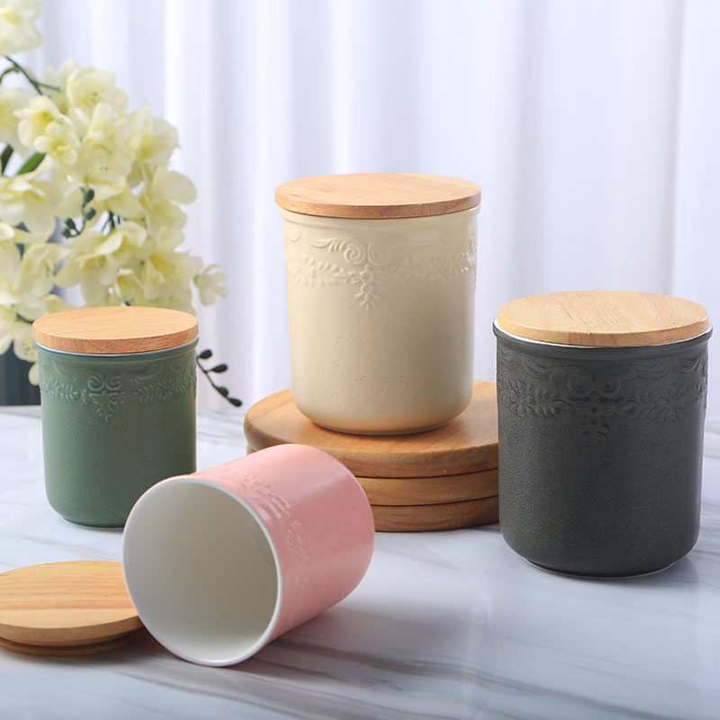 Wholesale Kitchen Tea Coffee Sugar Ceramic Storage Jars Canisters with Wooden Lids