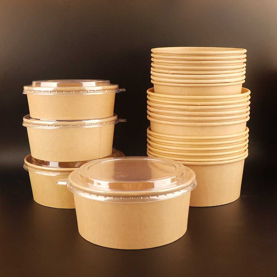 Customized Logo Food Container Disposable 750ml Food Soup Brown Salad Kraft Paper Bowl with Lid