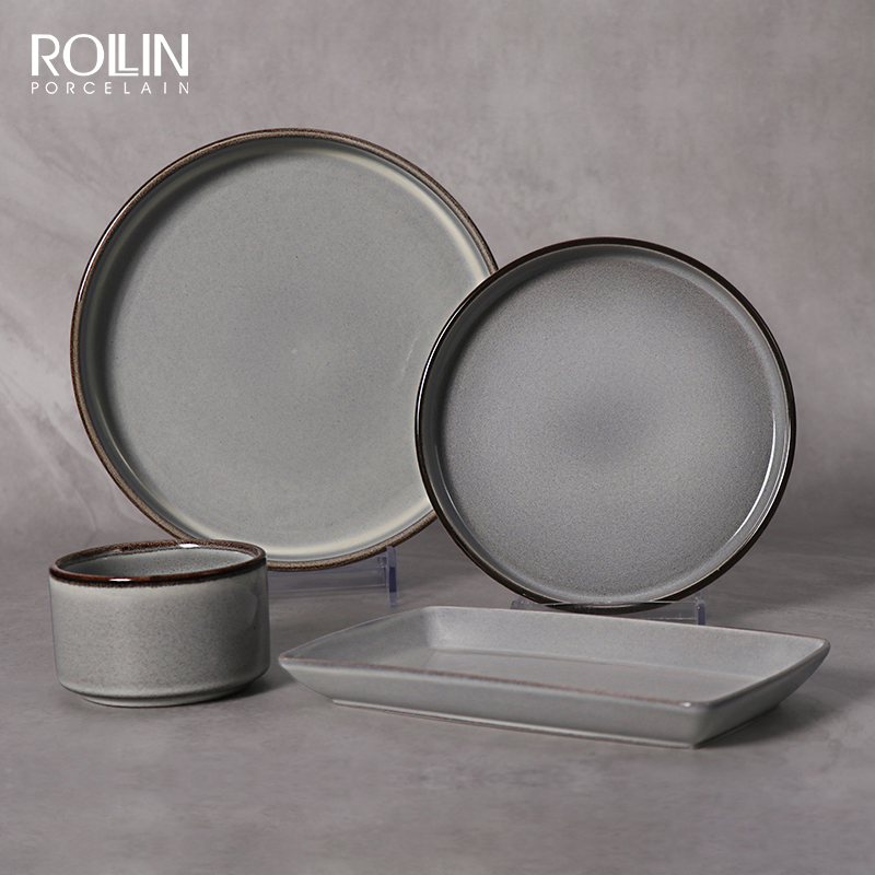 Stoneware Dinnerware Sets, Round Reactive Glaze Plates and Bowls Set