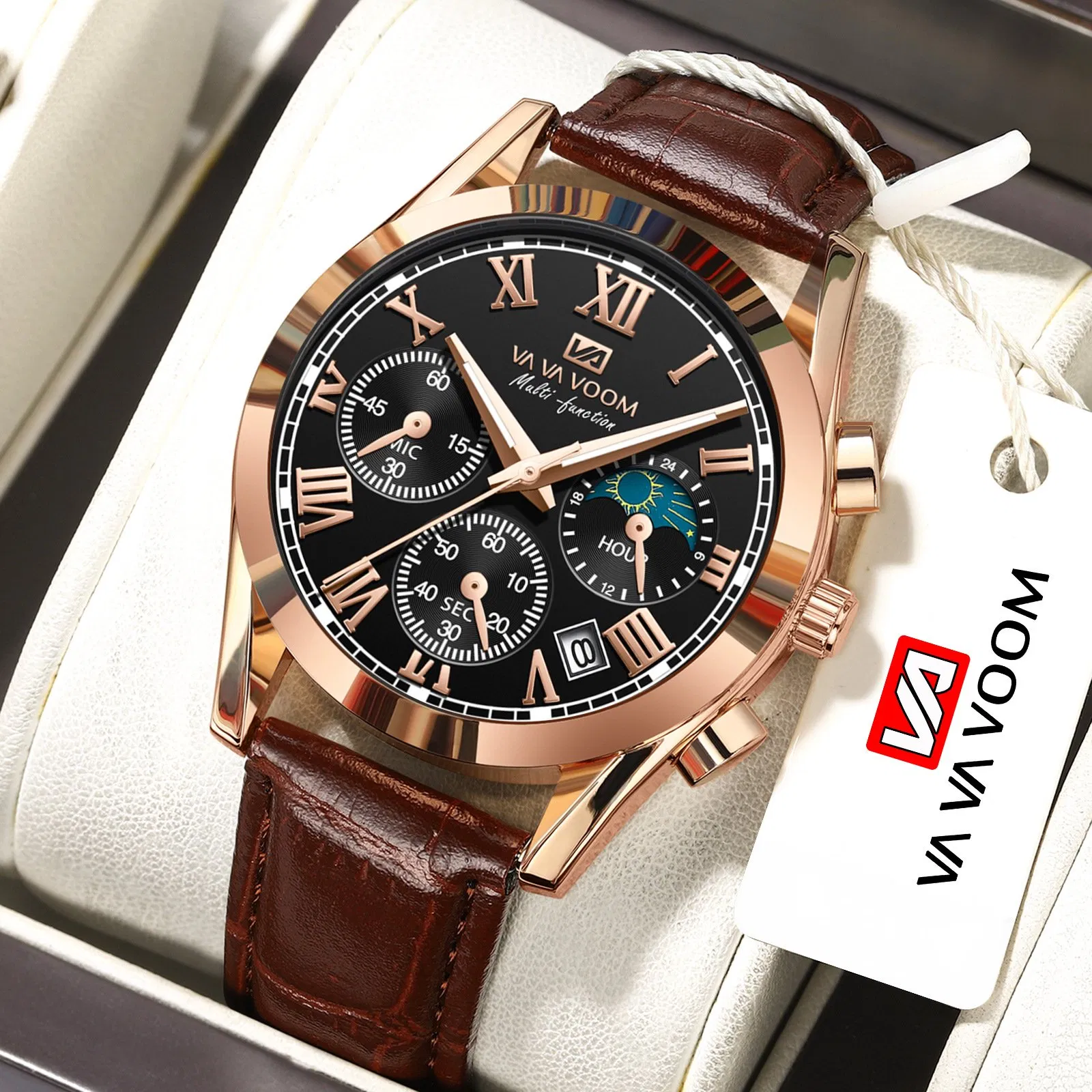 2025 New Arrival Men's Multifunctional Wristwatch Waterproof Leather Strap Calendar Luminous Watch