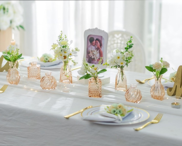 Glass Bud Vases for Centerpieces: Small Flower Vase Set of 4 Vintage Cute Mini Vases for Flowers Champagne Pink