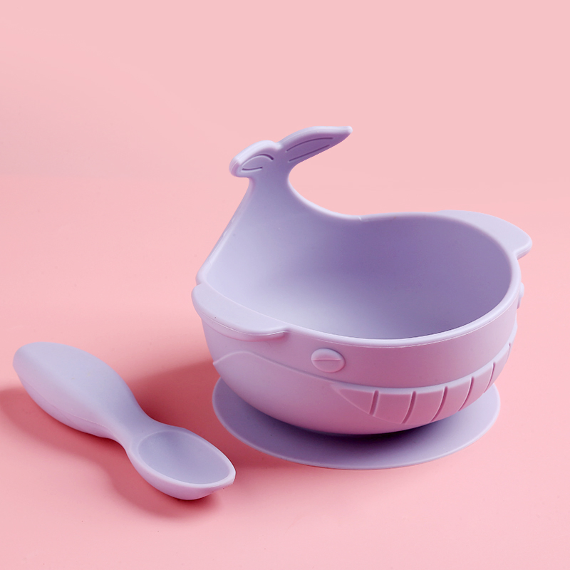 Jy07 FDA Silicone Baby Bowls Silica Whale Bowl Spoon Baby Product Non-Slip Toddler Sucker Bowl