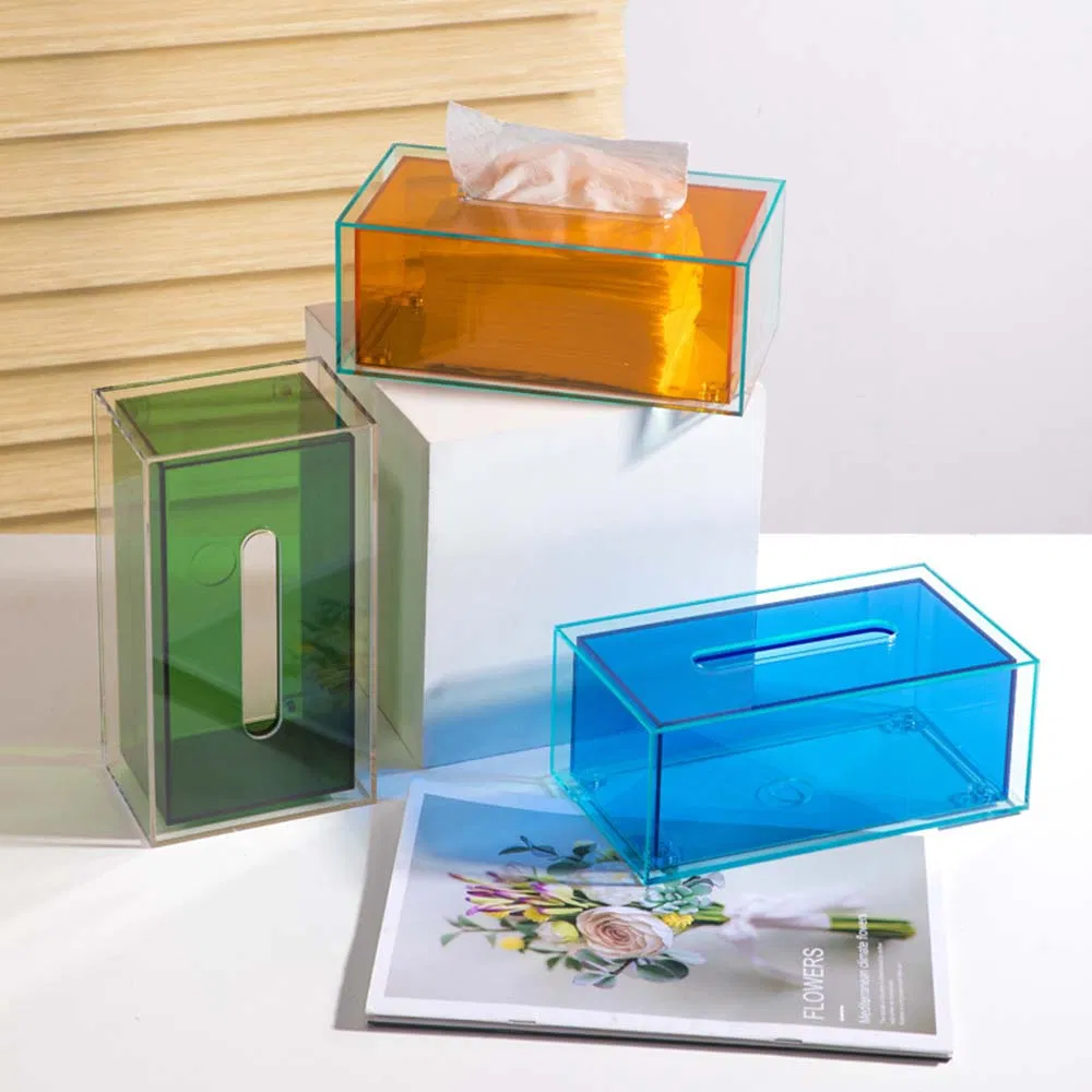 Factory Direct Sale Colorful Plastic Multi-Functional Cuboid Pattern Tissue Box in Orange/Blue/Green with Clear Lid Made of Acrylic for Hotel/Restaurant/Family