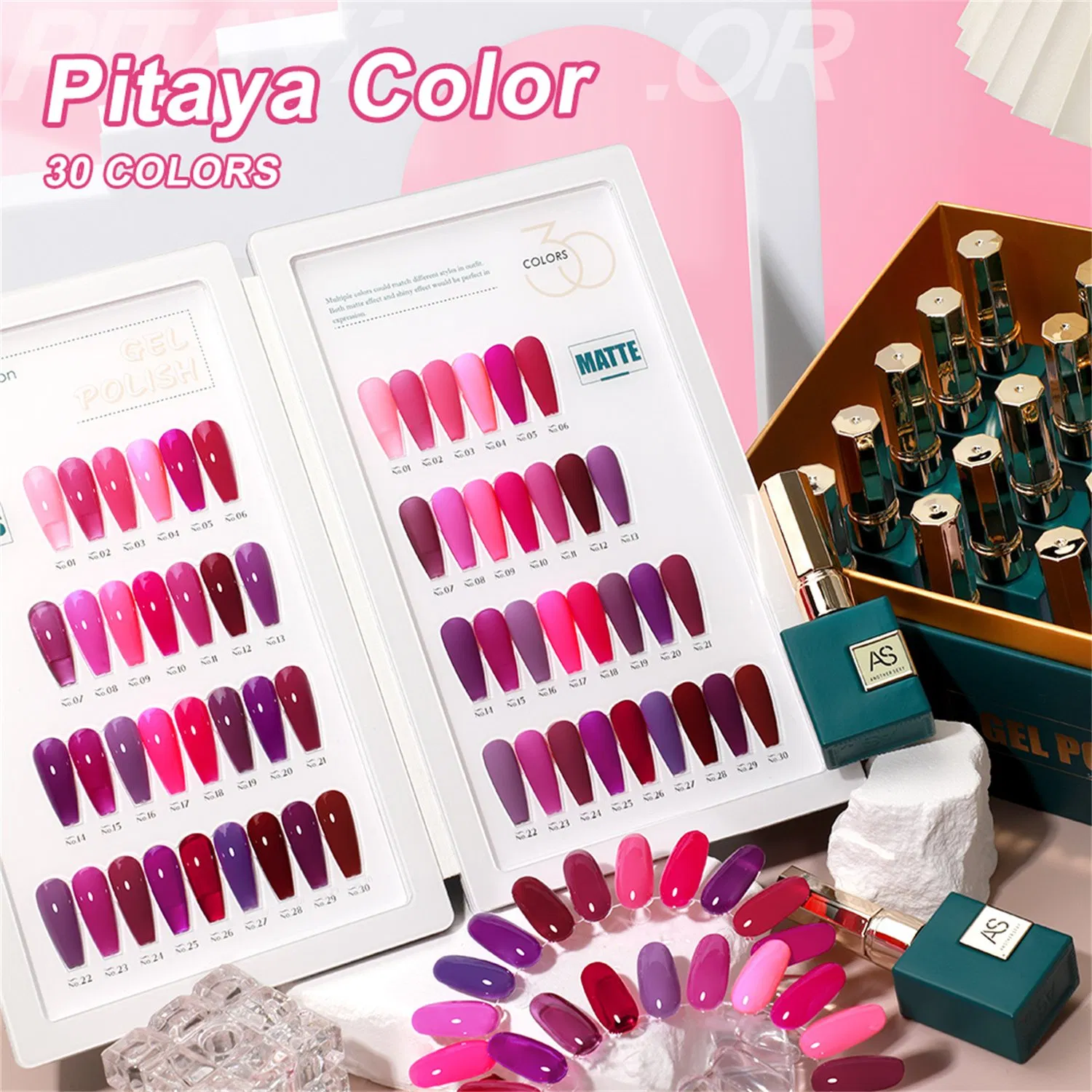AS 30 Colors Solid Colour Gel Polish Set Soak off Nail Art Gel with Base Glossy Matte Top Gel Nail Supplies Private Label OEM Organic Color UV Gel Set