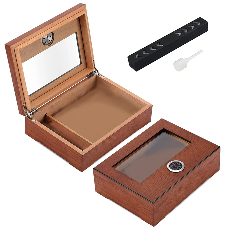 Desktop Cedar Wood Glass Top Storage Cigar Box with Hygrometer Humidifier