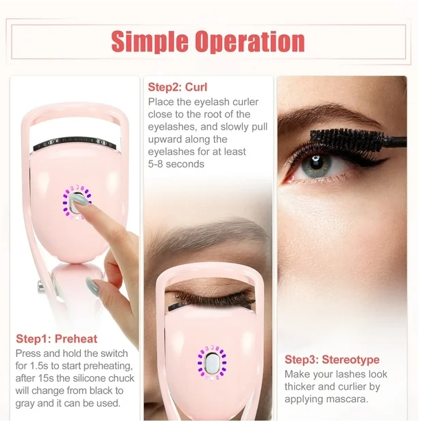 Eyelash Curler 3 Temperature Heating Eyelash Curler for Lift and Curl Natural Eyelashes Pink