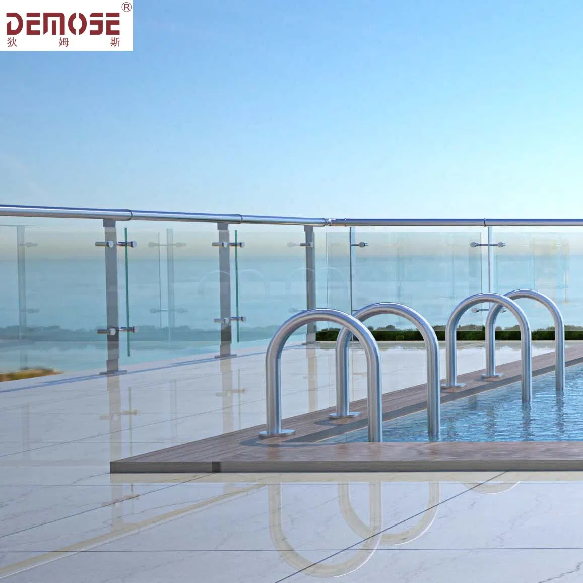 Glass Pool Railing with Custom Textured Stainless Steel Posts (DMS-B28184)