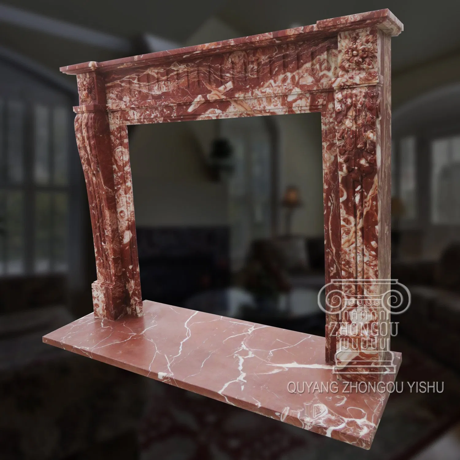 Beautiful Cock-Red Marble Carving Mantel Fireplace for Home Decoration