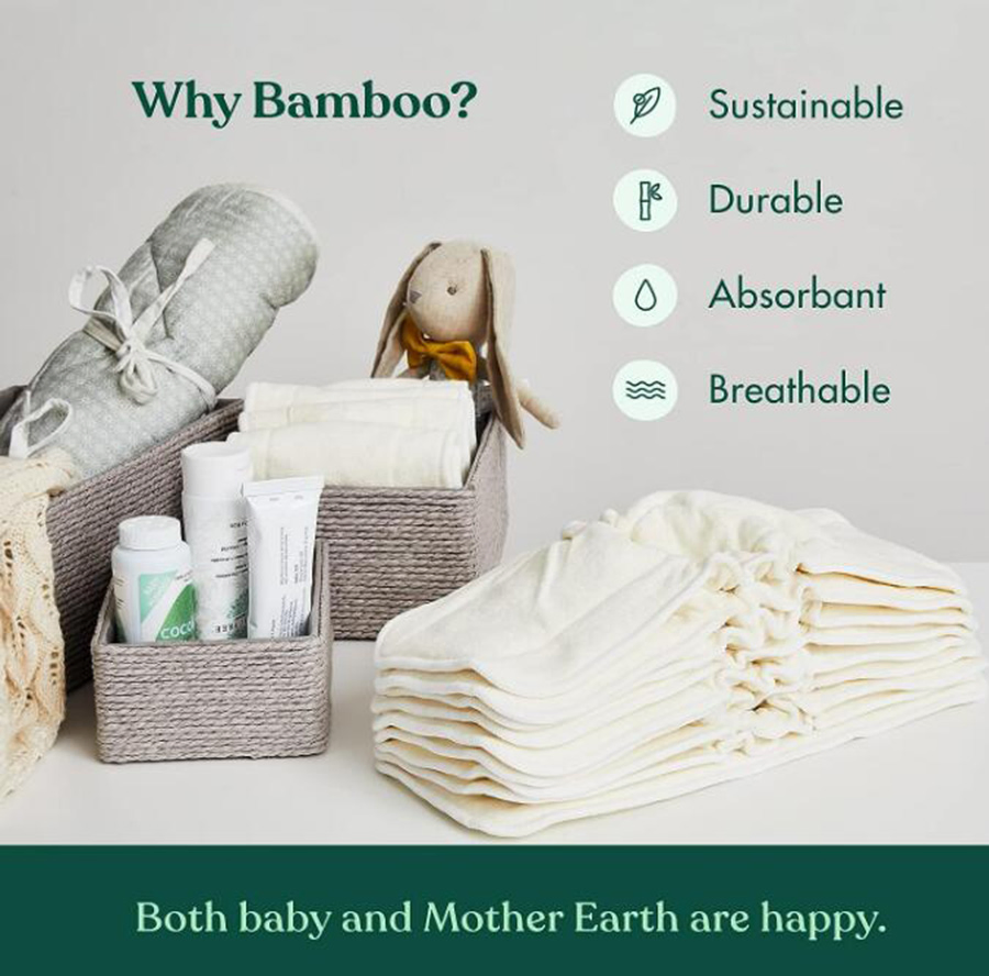 12 вкладышей для многоразовых подгузников, 4 слоя, бамбук