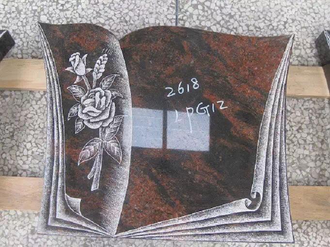 Customized Size Ruby Red Granite Carving Headstone Columnbarium, Slant Beveled Shape Markers Hand Carving, Machine Carving Memorial Monument