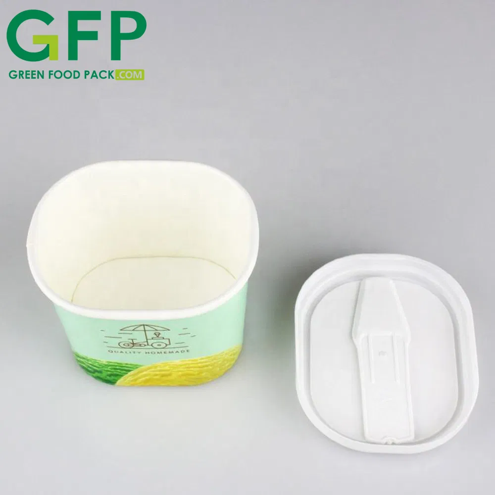 Disposable Biodegradable Square Ice Cream Paper Cup Gelato Food Container Rectangle Shape Paper Cup with Plastic Lid