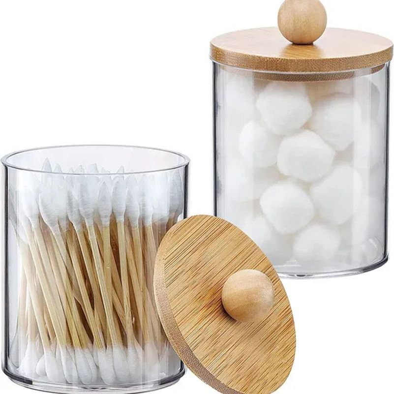 Cotton Ball Pad Round Swab Holder Dispenser Jars with Bamboo Lids for Bathroom Accessories Storage Organizer Hh008_1