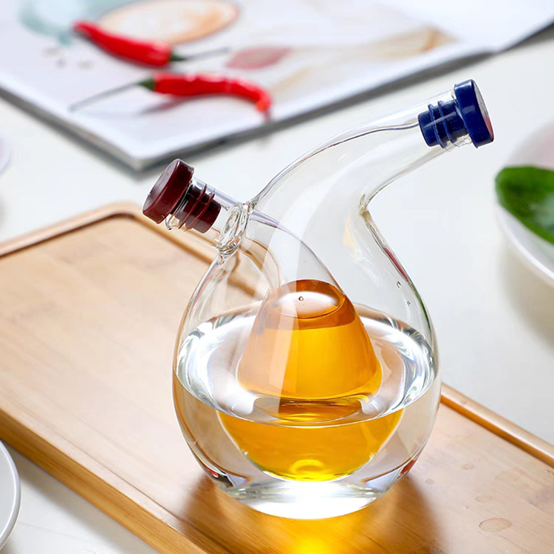 Handmade Heat Resistant Borosilicate Dual Glass Oil Vinegar Bottle with Wooden and Silicone Cork for Kitchen