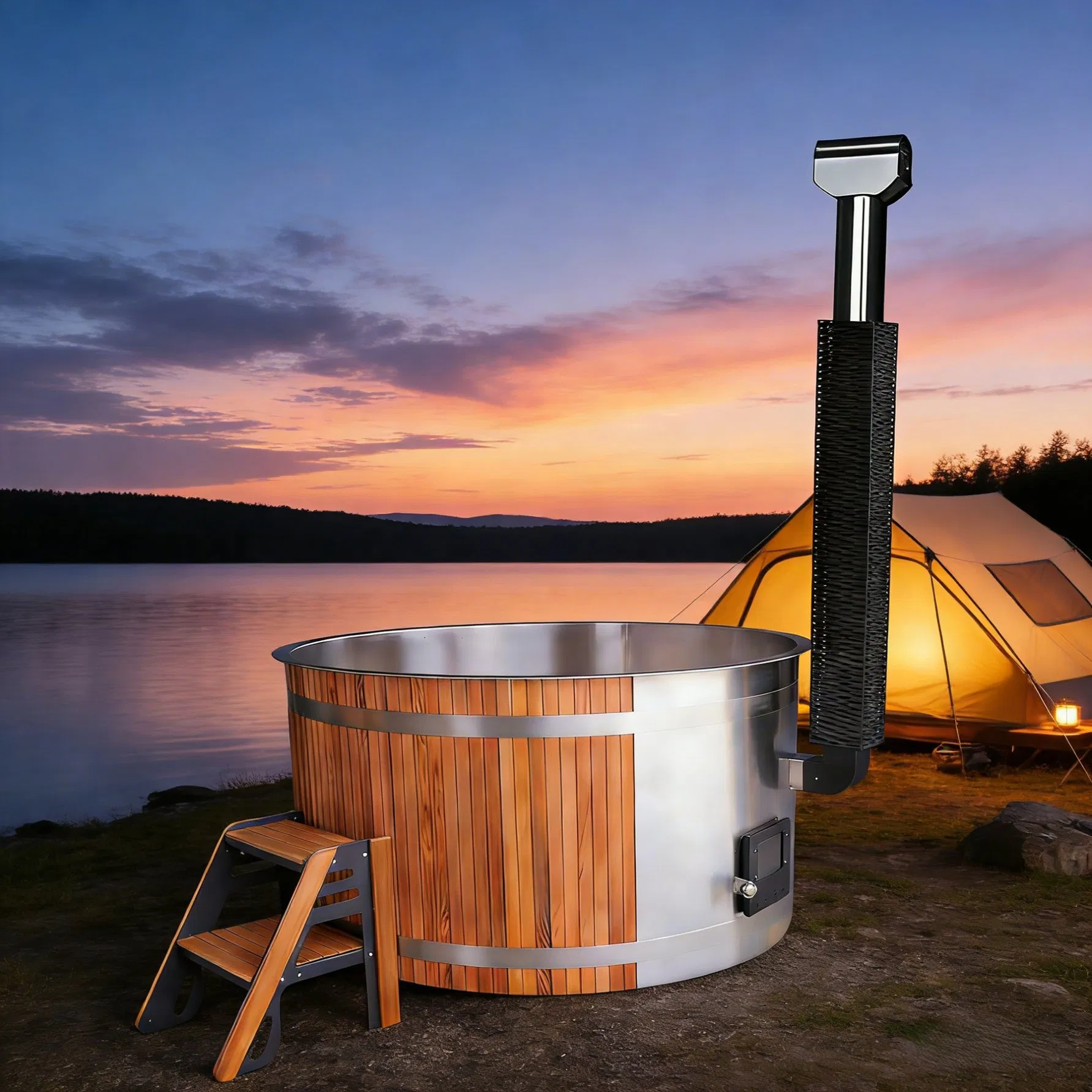 Modern Design Outdoor Red Cedar Hydro SPA Portable Internal Stove Heating 2 Person Capacity 1.5 Inch Thick Walls Massage Feature Tub