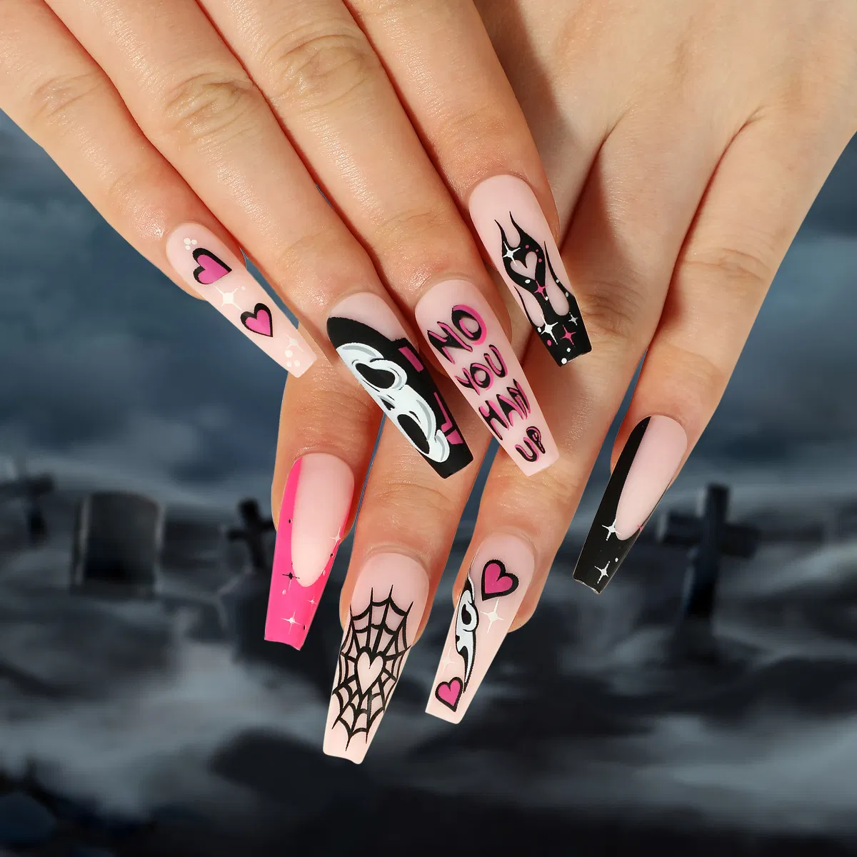 Professional Halloween Fake Nails Kit with 24 Pieces Vampire Cat Design