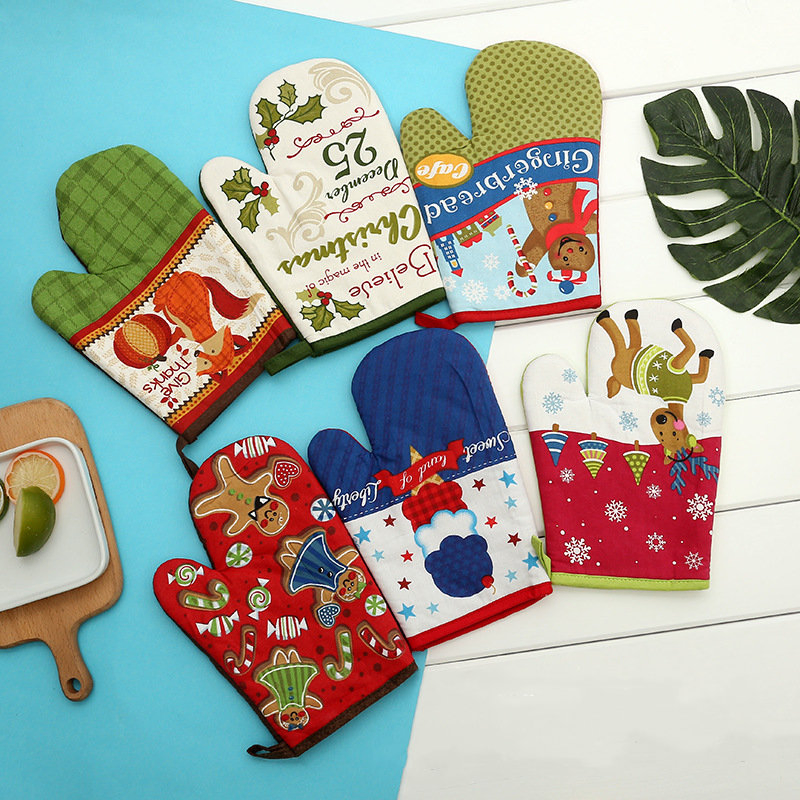Resistant Heat Kitchen Cooking BBQ Gloves Christmas Gingerbread Cute Design Oven Mitts