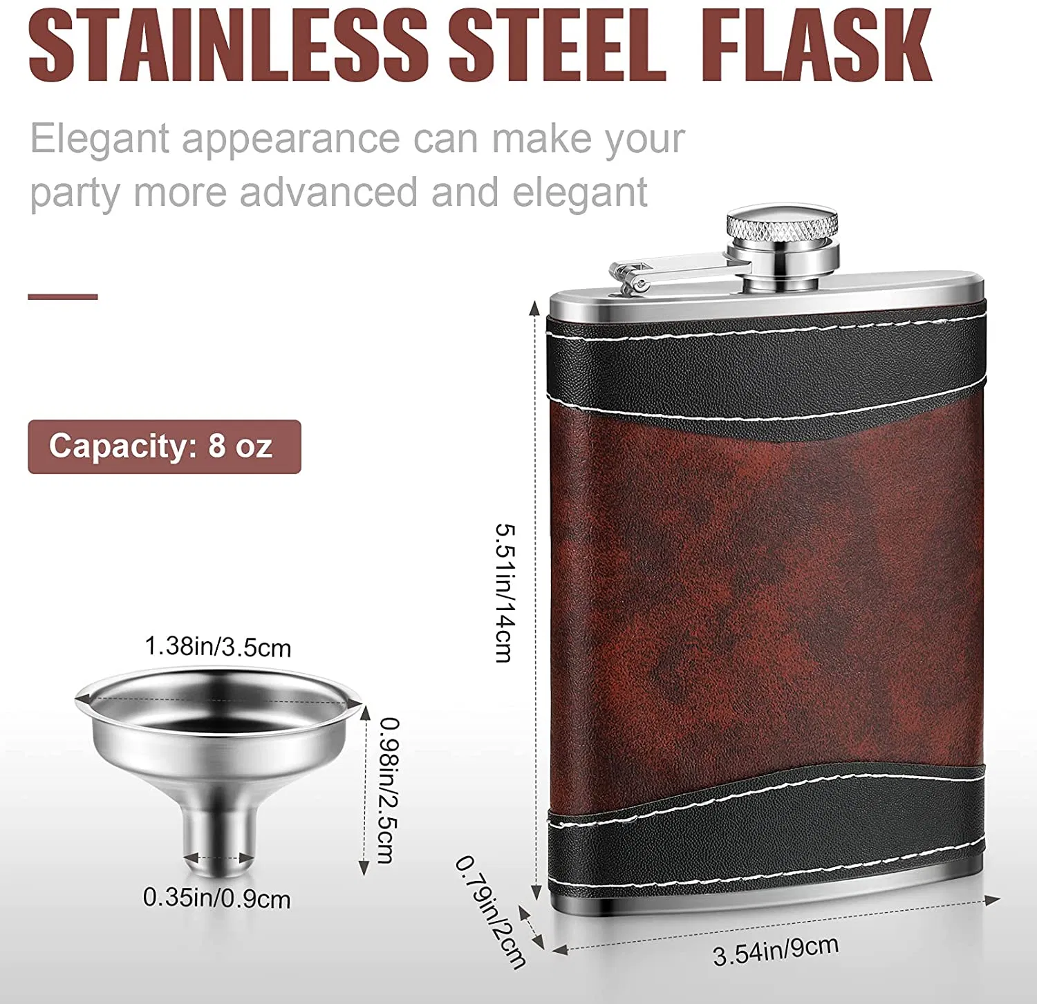 8 Oz Stainless Steel Pocket Whiskey Alcohol Hip Flask with Leather Cover for Bootlegger Glen Keith