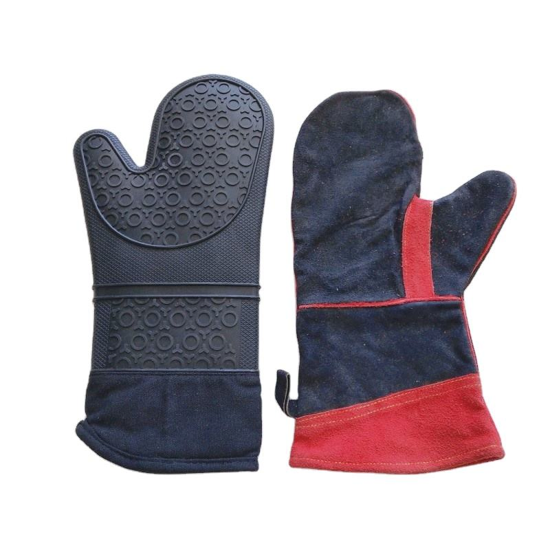 Durable 35cm Cowhide Heat Resistant Kitchen Mitts for Safe Grilling and Baking