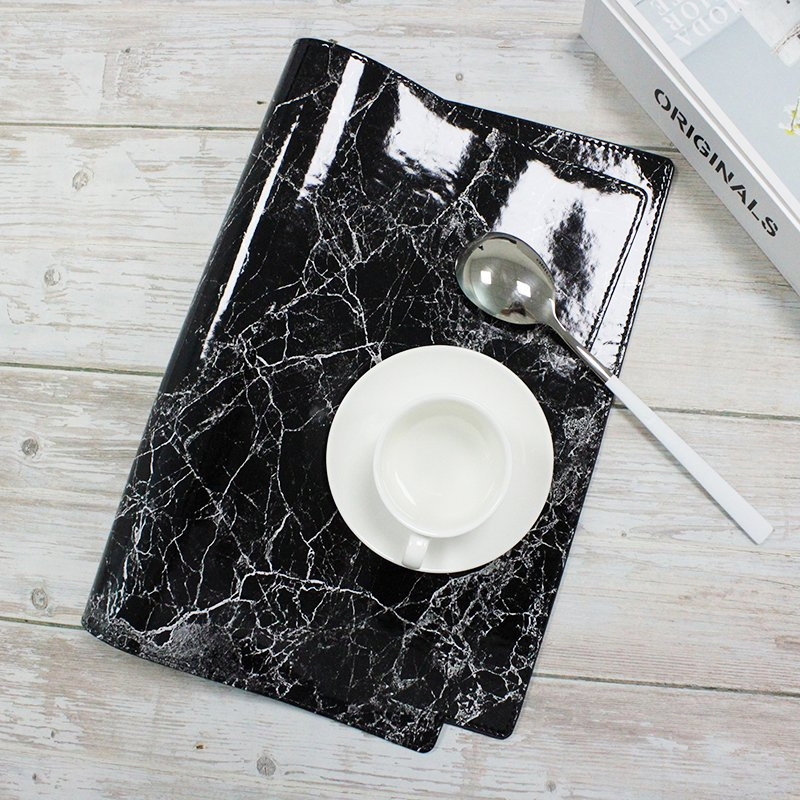 Premium Quality Large Black Marble Dining Table Mat Fadeless Printed Speed PU Placemat/Deskpad Custom Plate Mat Stock Available