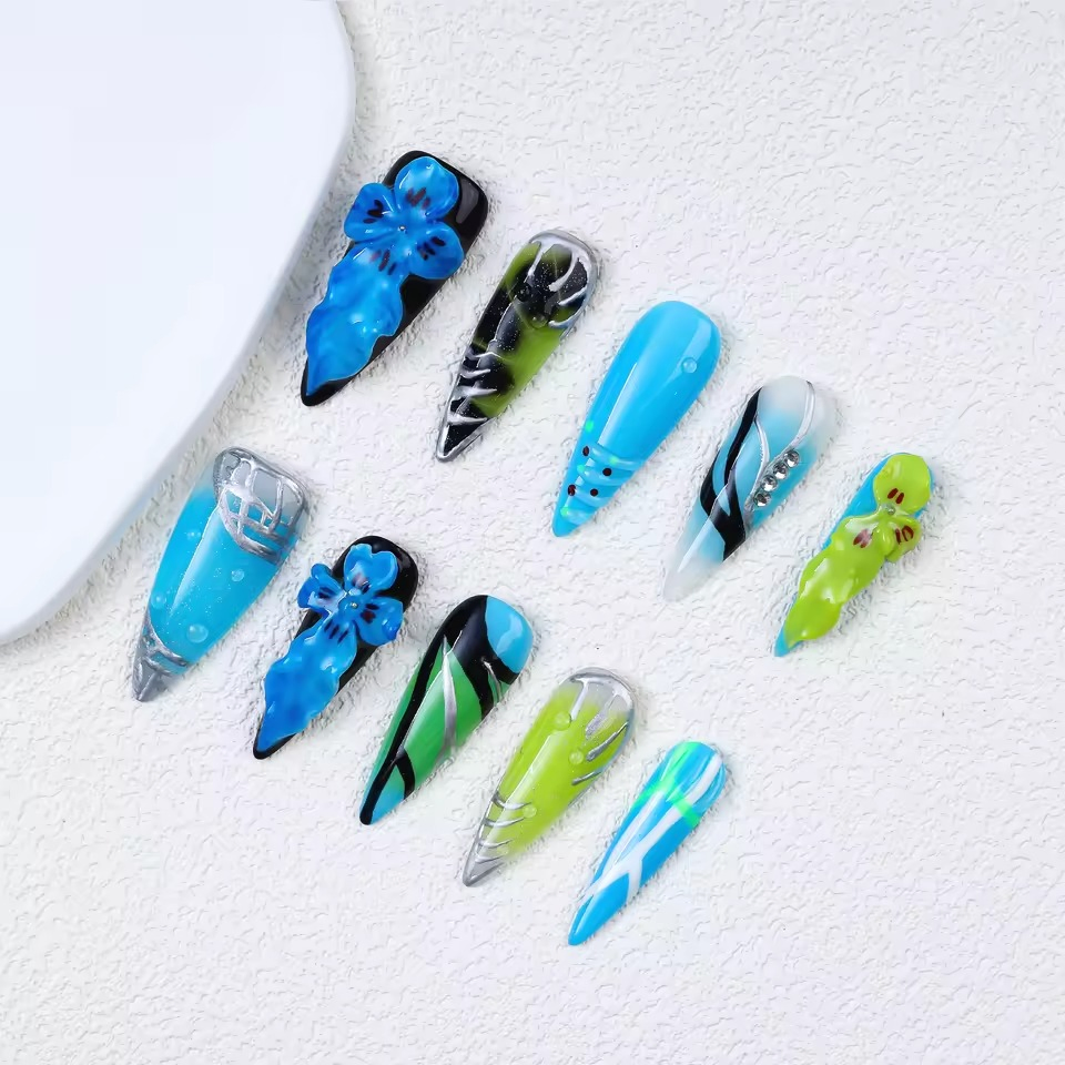 New Design 10PCS Blue Flower Acrylic Stiletto Handmade Press on Nails