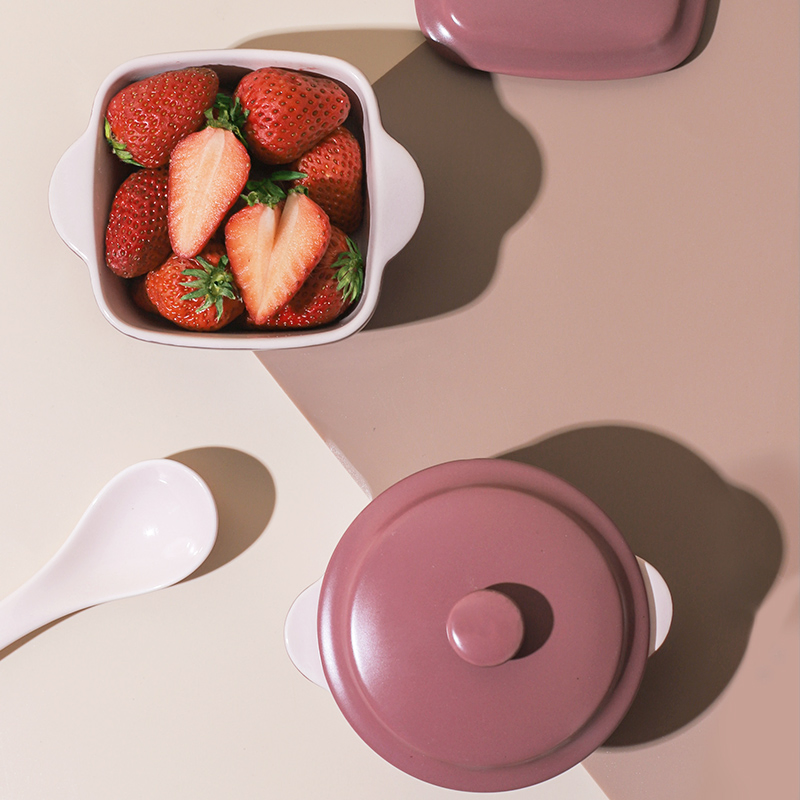 Ceramic Anti-Scald Double Ear Small Stew Pot Baking Soup Bowl with Lid