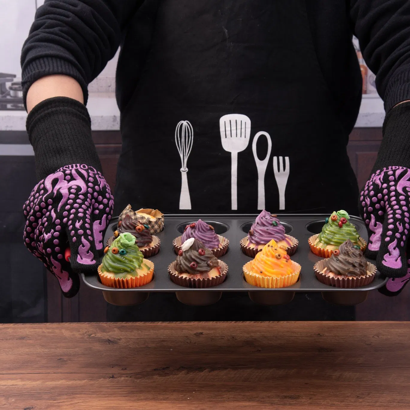 Purple Silicone Non Slip Oven Mitts BBQ Gloves for Cooking, Grilling, and Baking Kitchen Glove for Barbecue