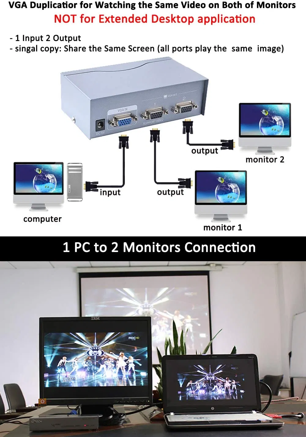 VGA Splitter Amplifier Box to Dual Monitor Computer