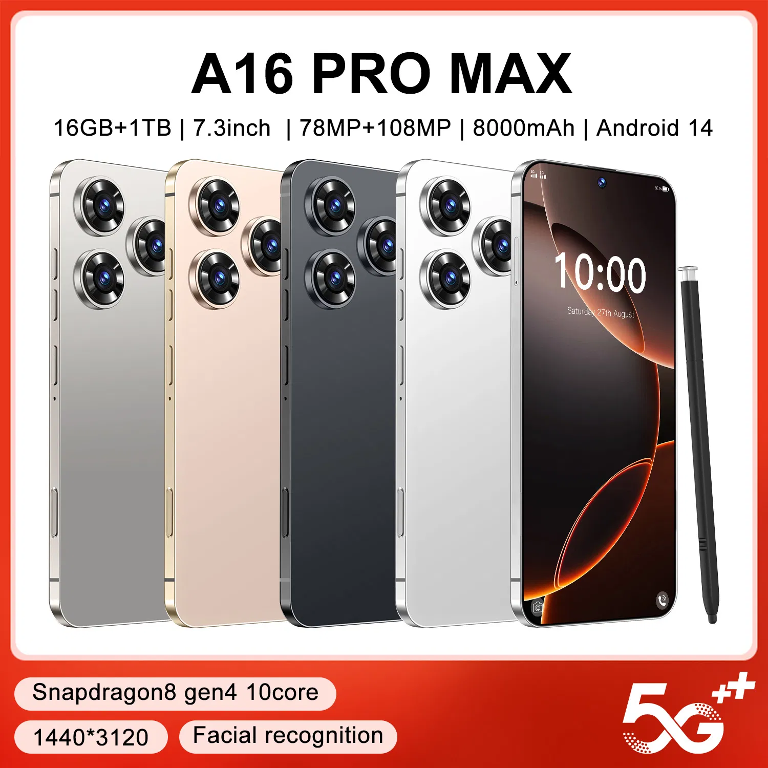 2025 New Phonea16 PRO Max 16GB+1tb 5g 7.3-Inch Mtk6889 48MP 108MP with Built-in Pen Android 14 Smartphone