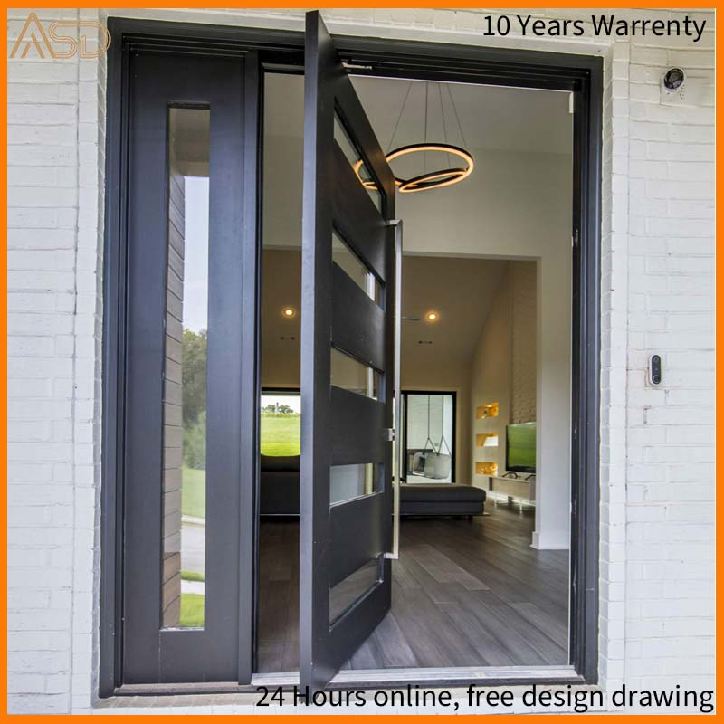 Black Matte Surface Solid Wood Door Glass Design Front Entry Pivot Door