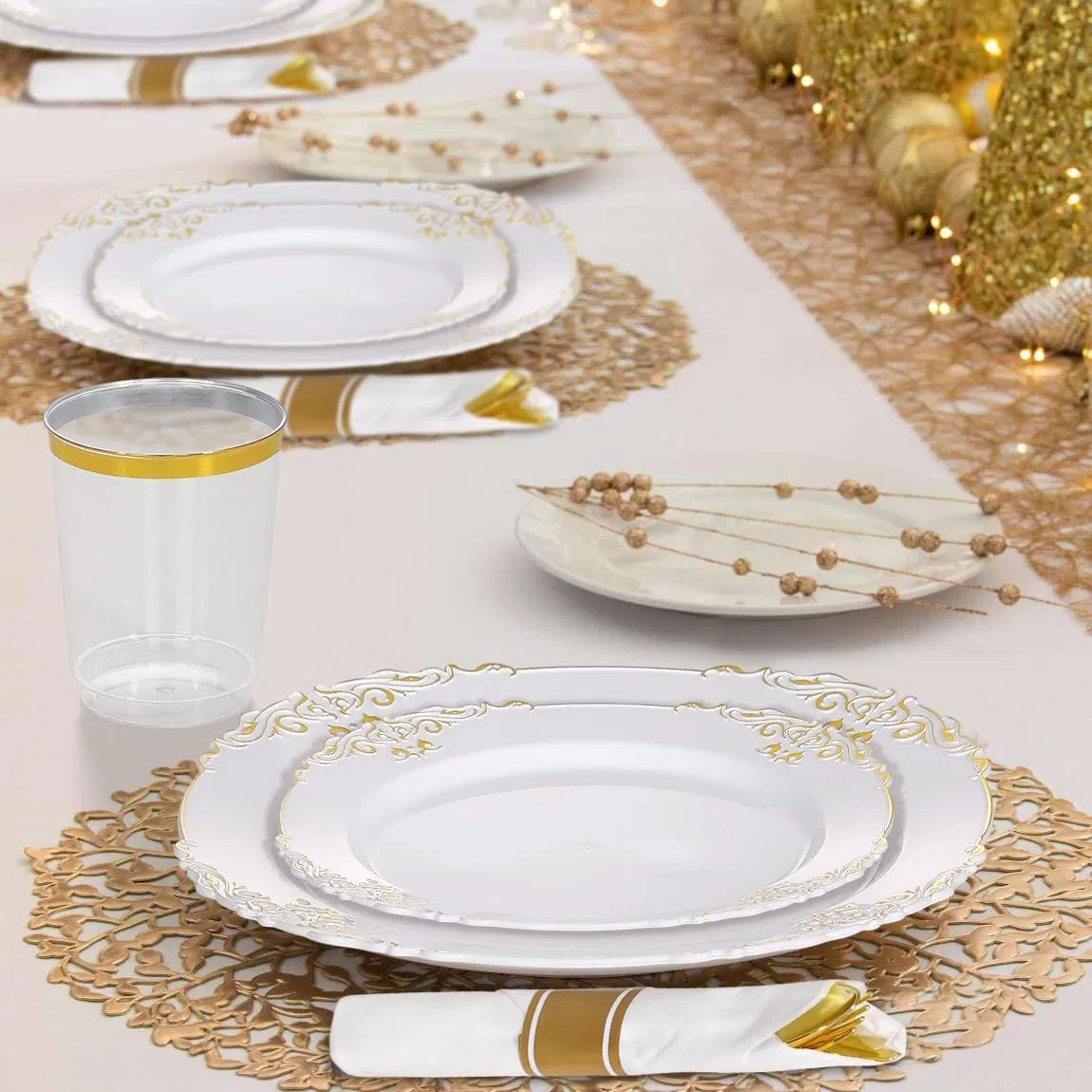 White and Vintage Silver Disposable Plastic Plates Dinnerware