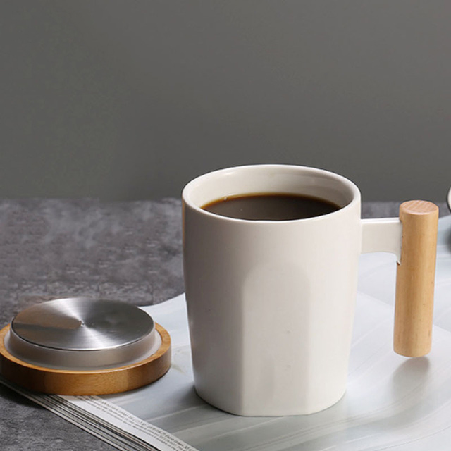 Promotional Custom Ceramic Coffee Tea Cup Mug with Wooden Handle Bamboo Lid