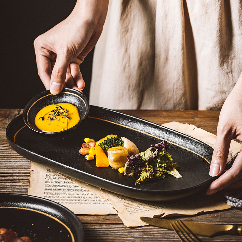 Tableware Soup Bowls Matte Round Golden Line Ceramic Black Ceramic Bowls