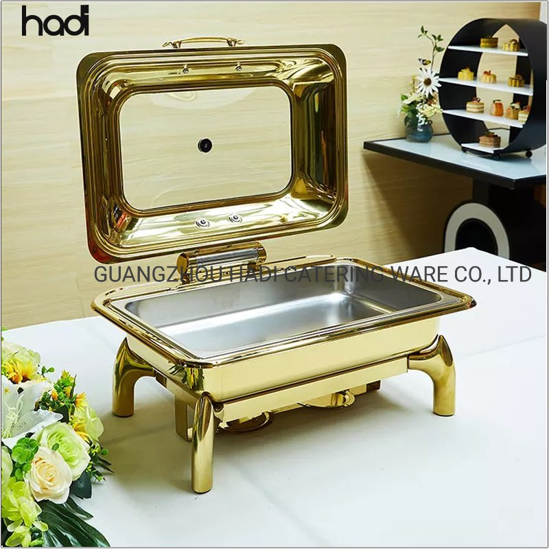 Restaurant and Hotel Supplies Food Warmer Stainless Steel Chafing Dish Roll Top Gold Plated Buffet Chafer Hydraulic Round Glass Lid Chafing Dish
