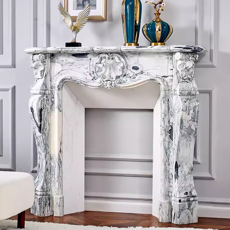 Custom-Designed Interior Volakas White Marble Fireplace