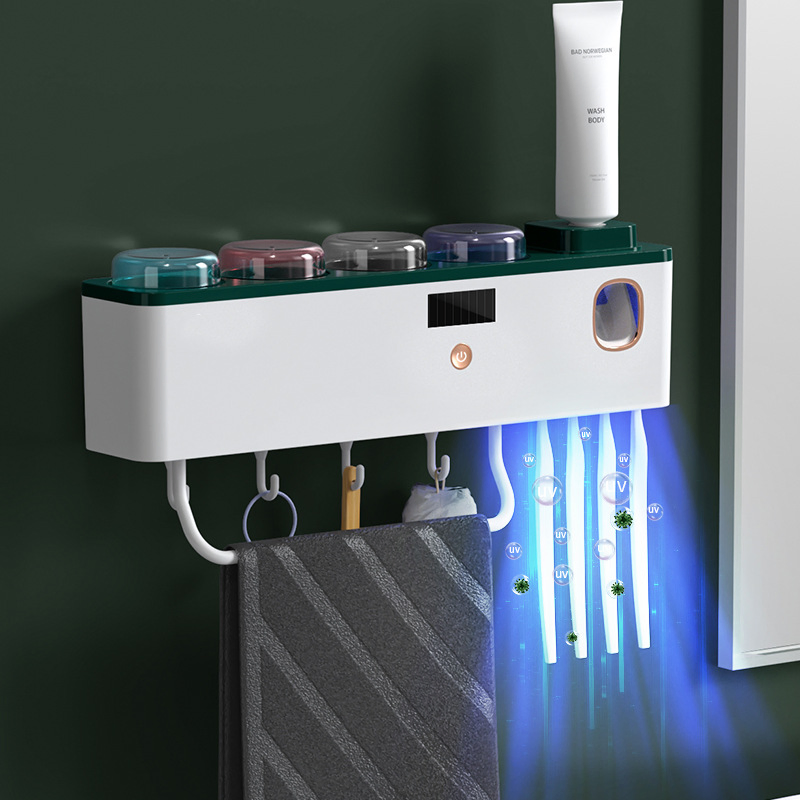 Rechargeable Bathrooms Smart Sterilizing Toothbrush Holder Toothpaste Dispenser UV Sterilizer Multi-Cup with Hook
