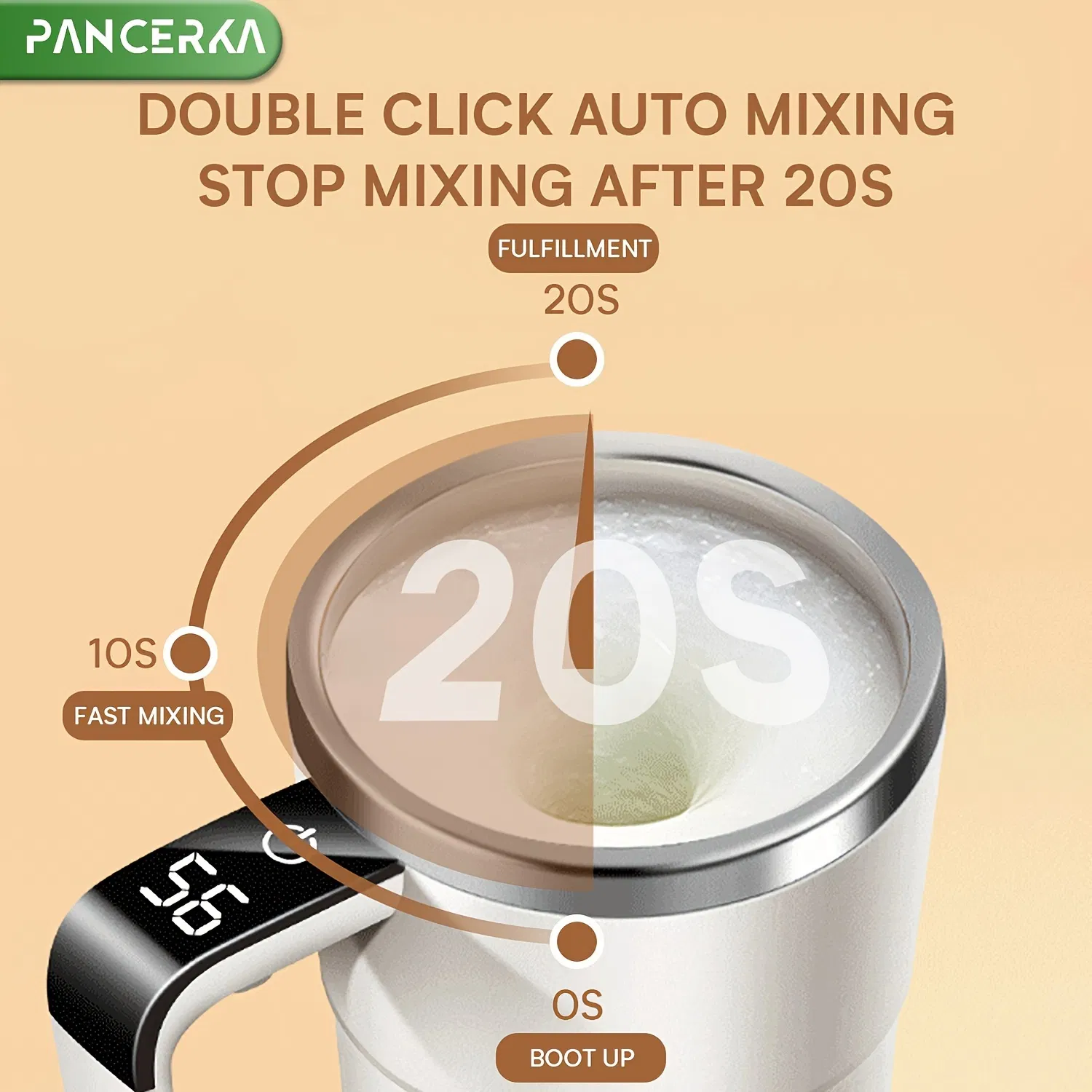 Insulated Rechargeable Self-Stirring Coffee Mug with LED Temperature Display for Milk Chocolate Mocha